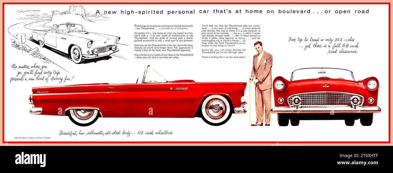 1956 Ford Thunderbird 2 Door sports coupe poster press magazine advertising motor car. Iconic sports 2 door American coupe. Stock Photo
