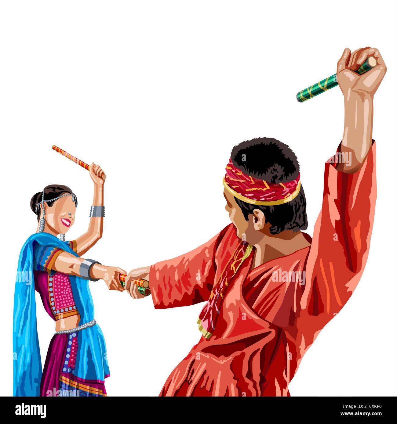An Indian man and woman dancing Dandiya on colorful polygonal background Stock Photo