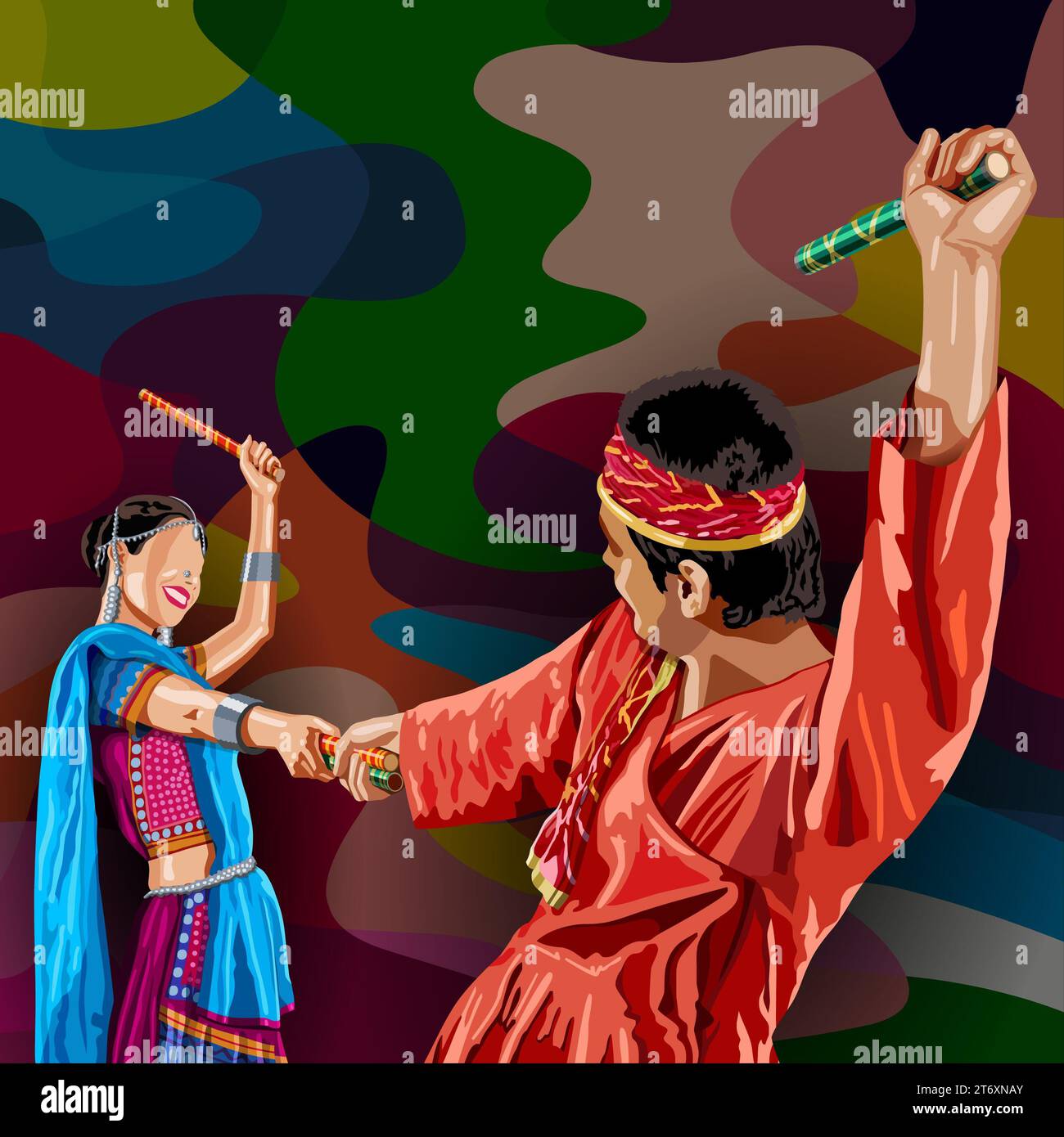 An Indian man and woman dancing Dandiya on colorful polygonal background Stock Photo