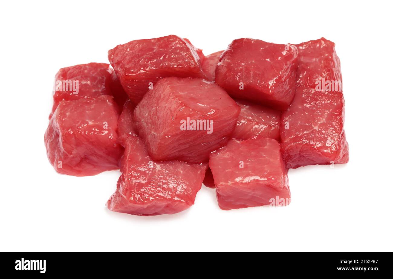 Pieces of raw beef isolated on white Stock Photo - Alamy