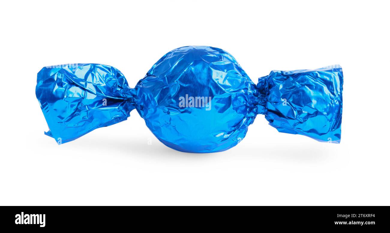 Tasty candy in blue wrapper isolated on white Stock Photo Alamy