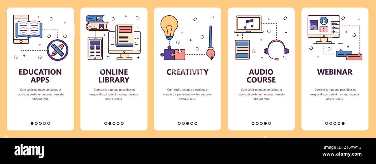 Vector set of vertical banners with Education apps, Online library, Creativity, Audio courses, Webinar website and mobile app templates. Modern thin l Stock Vector