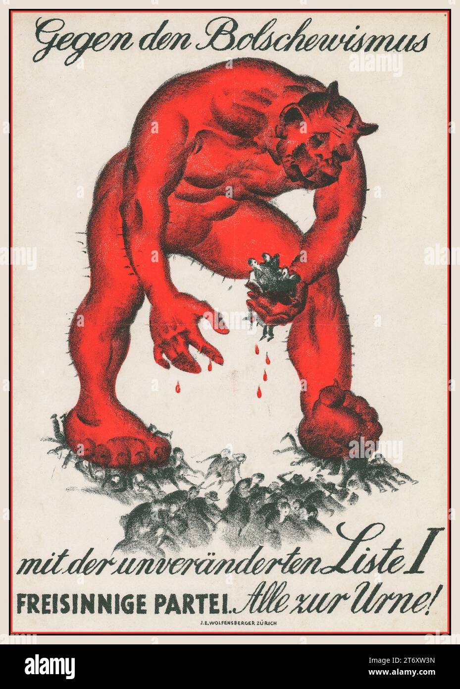 Propaganda poster 'AGAINST BOLSHEVISM' artist Burkhard Mangold, with red animal ogre capturing handfuls of people. LISTE 1  'Everybody to The Ballot Box  Election propaganda against Bolshevism. Against Bolshevism, 1919. by Burkhard Mangold. Stock Photo