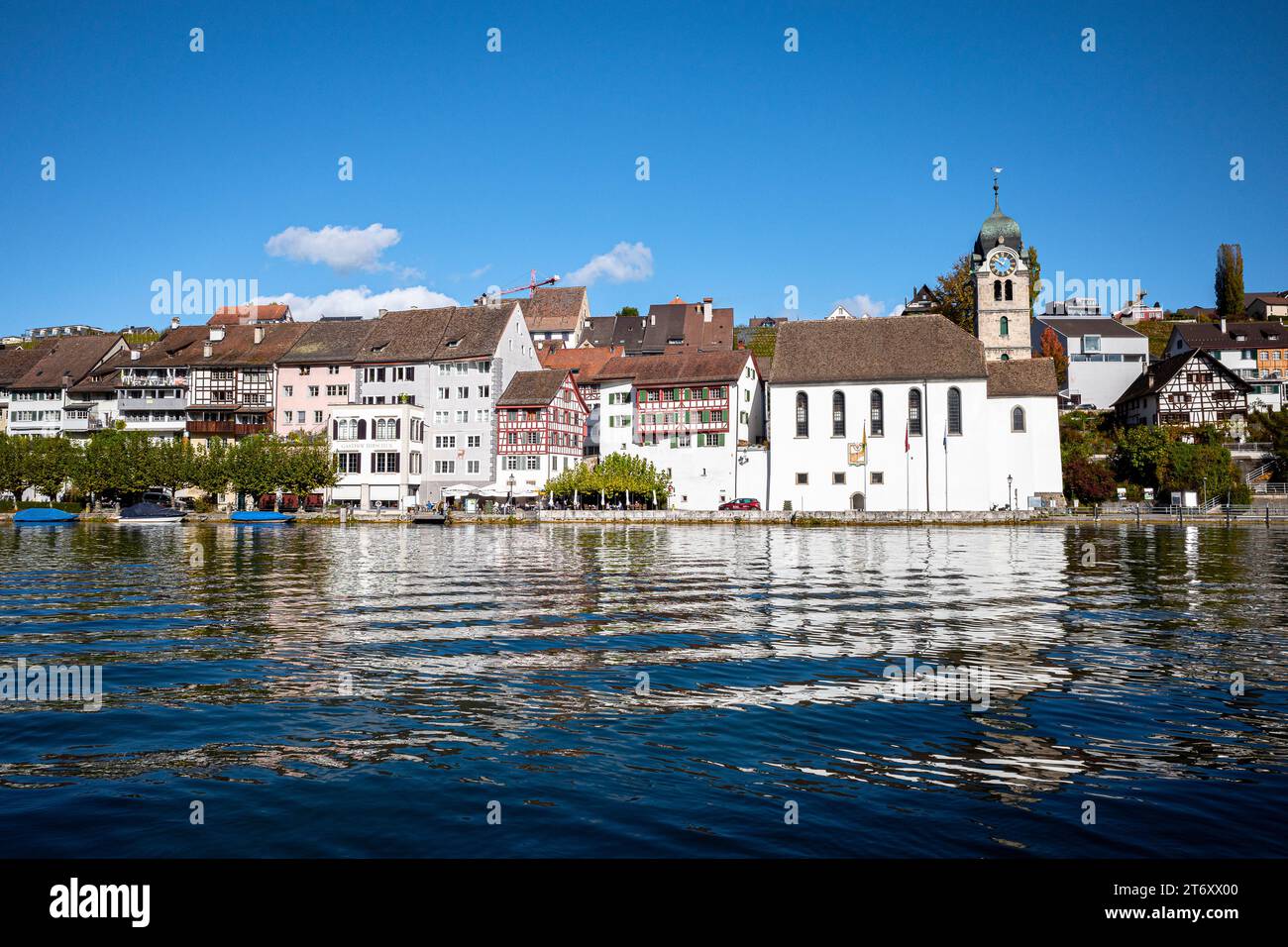 Old historic  town along the rhine river in Switzerland Stock Photo