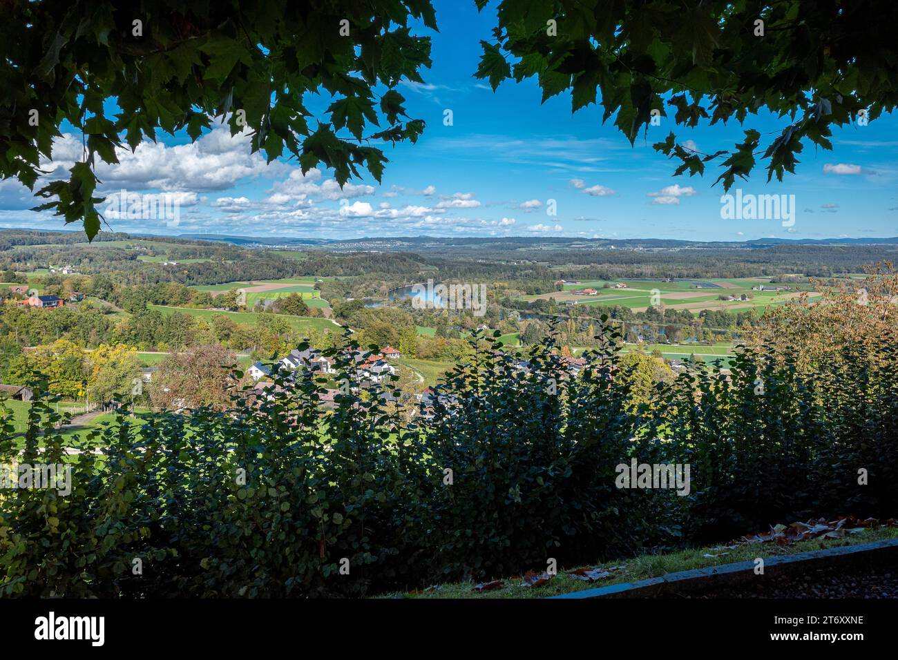 Beautiful scenery in this landscape image panorama view from Buchberg to the Rhine river in Switzerland Stock Photo