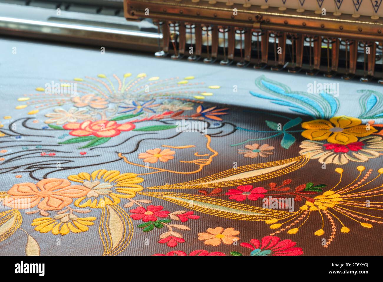 Machine Embroidery Close up Floral Pattern As Industrial Concept Stock Machine Embroidery Close up Floral Pattern As Industrial Concept Stock
