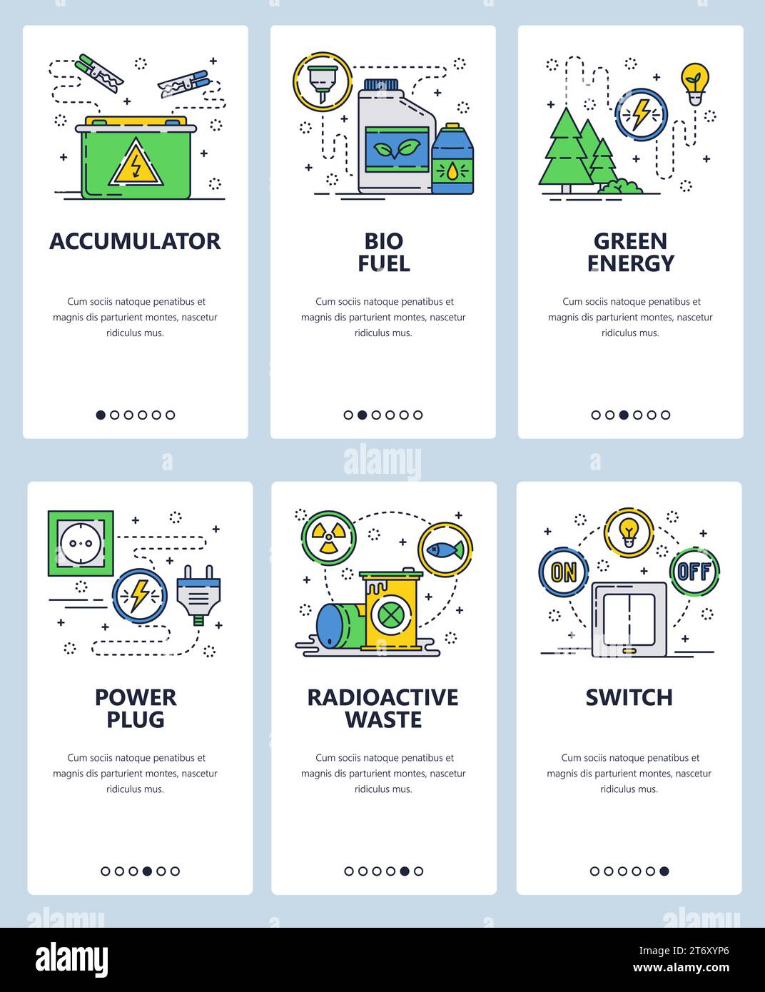 Vector set of mobile app onboarding screens. Accumulator, Bio fuel