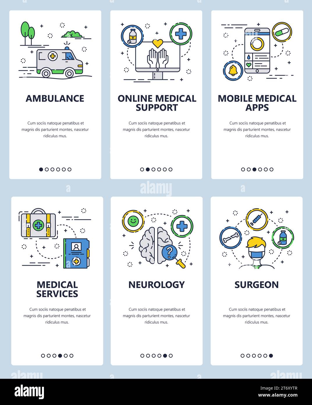 Vector set of mobile app onboarding screens. Ambulance, Online medical