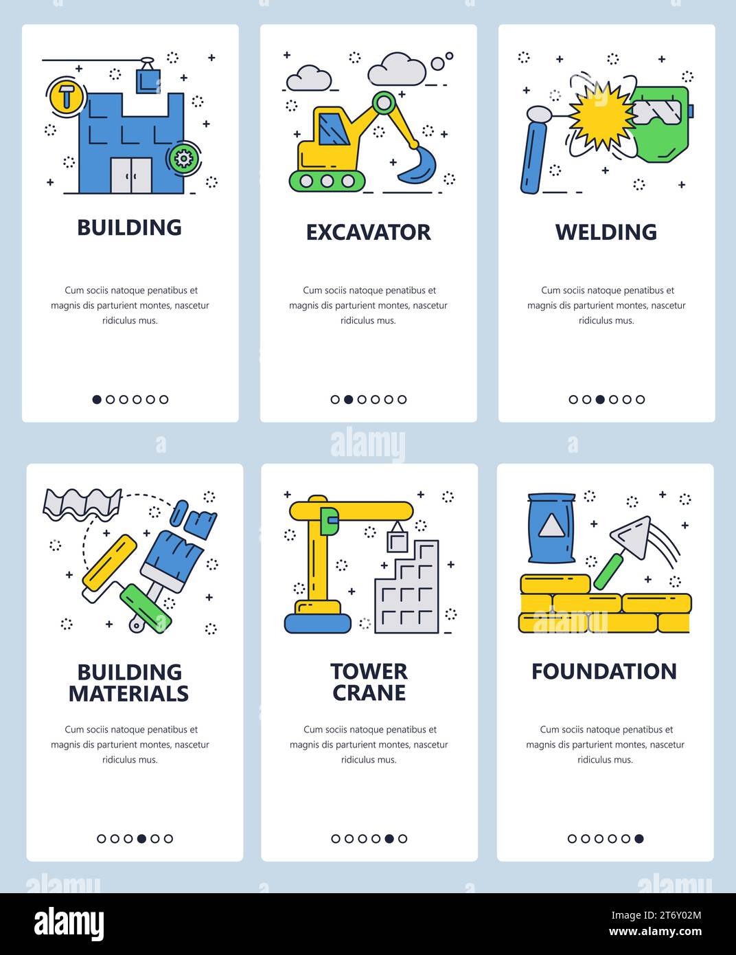 Vector set of mobile app onboarding screens. Building, Excavator