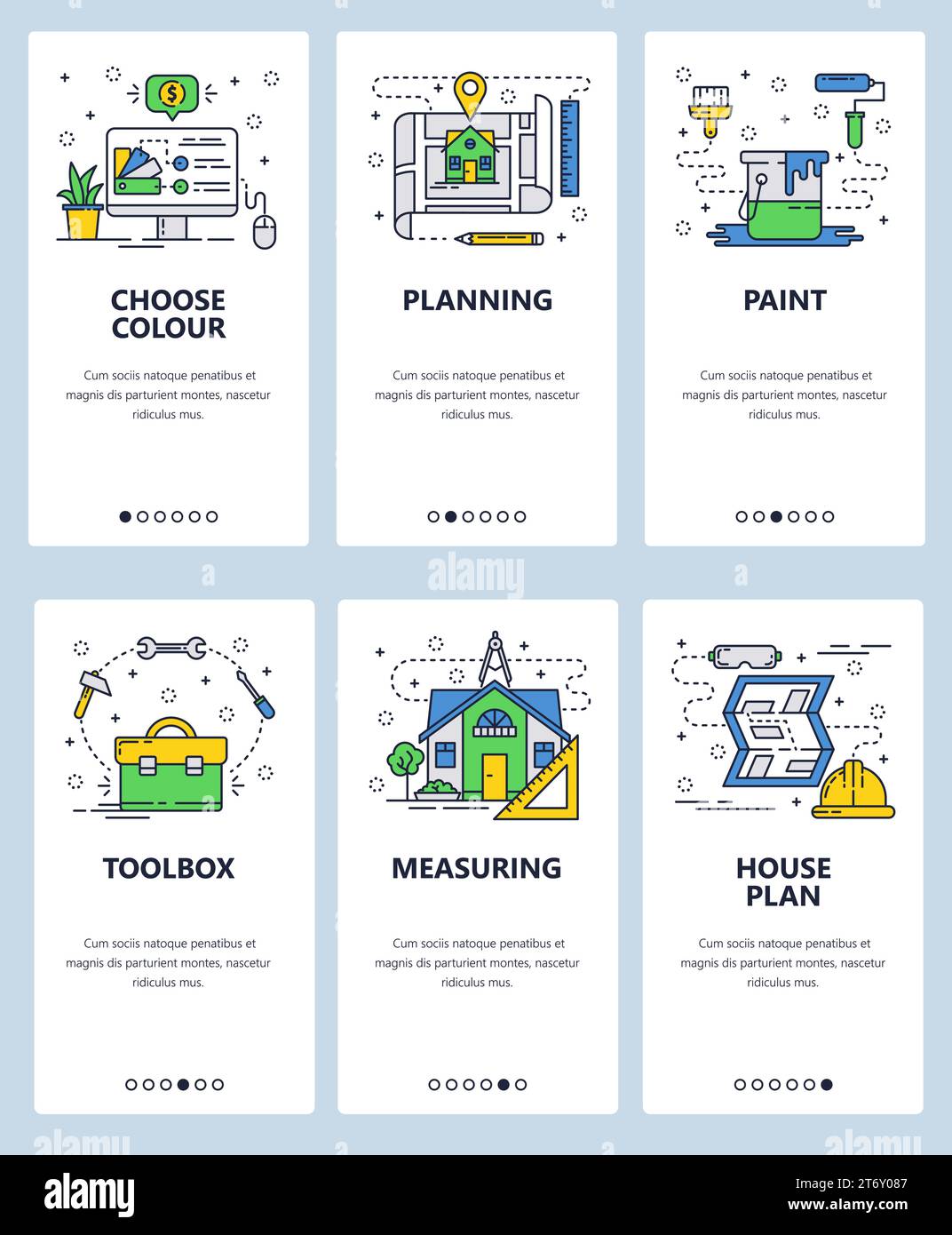 Vector set of mobile app onboarding screens. Choose colour, Planning