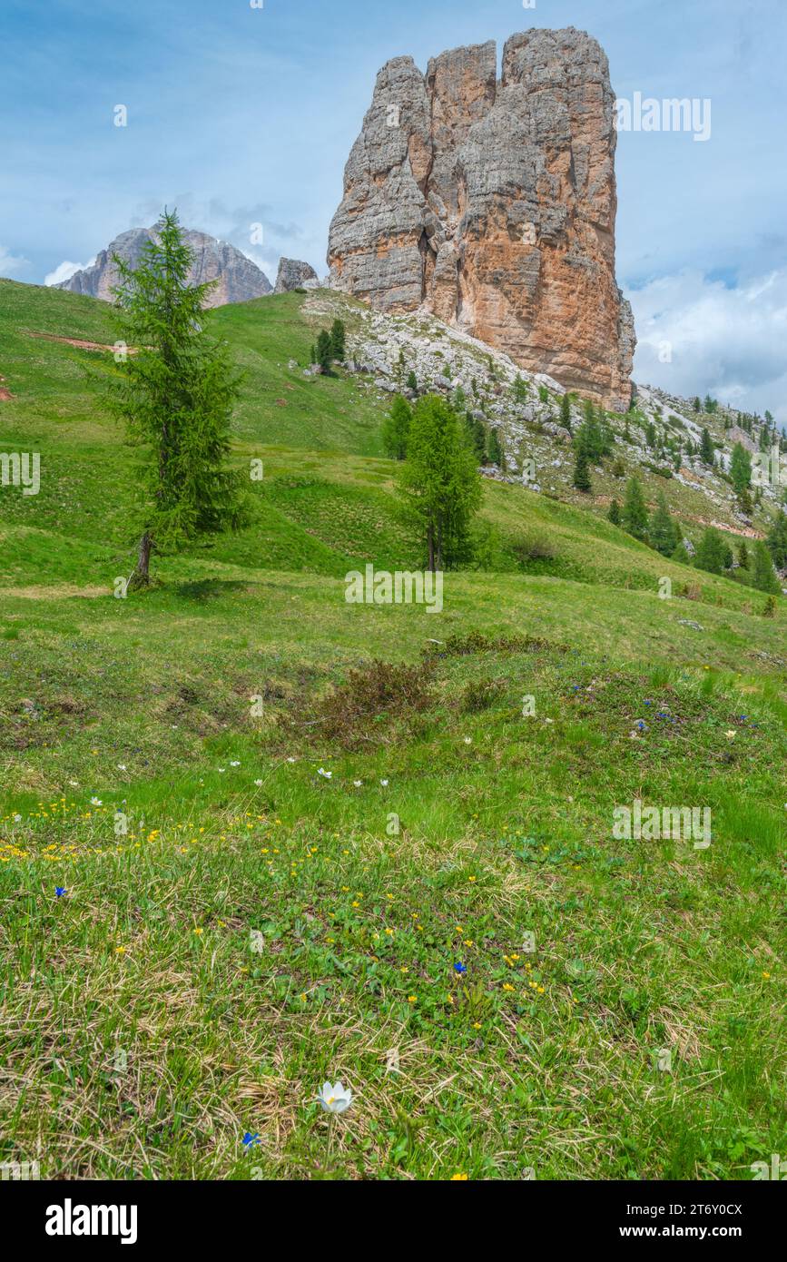 Eroded solitary limestone tower in the Cinque Torri area of the Ampezzo Dolomites in Italy Stock Photo
