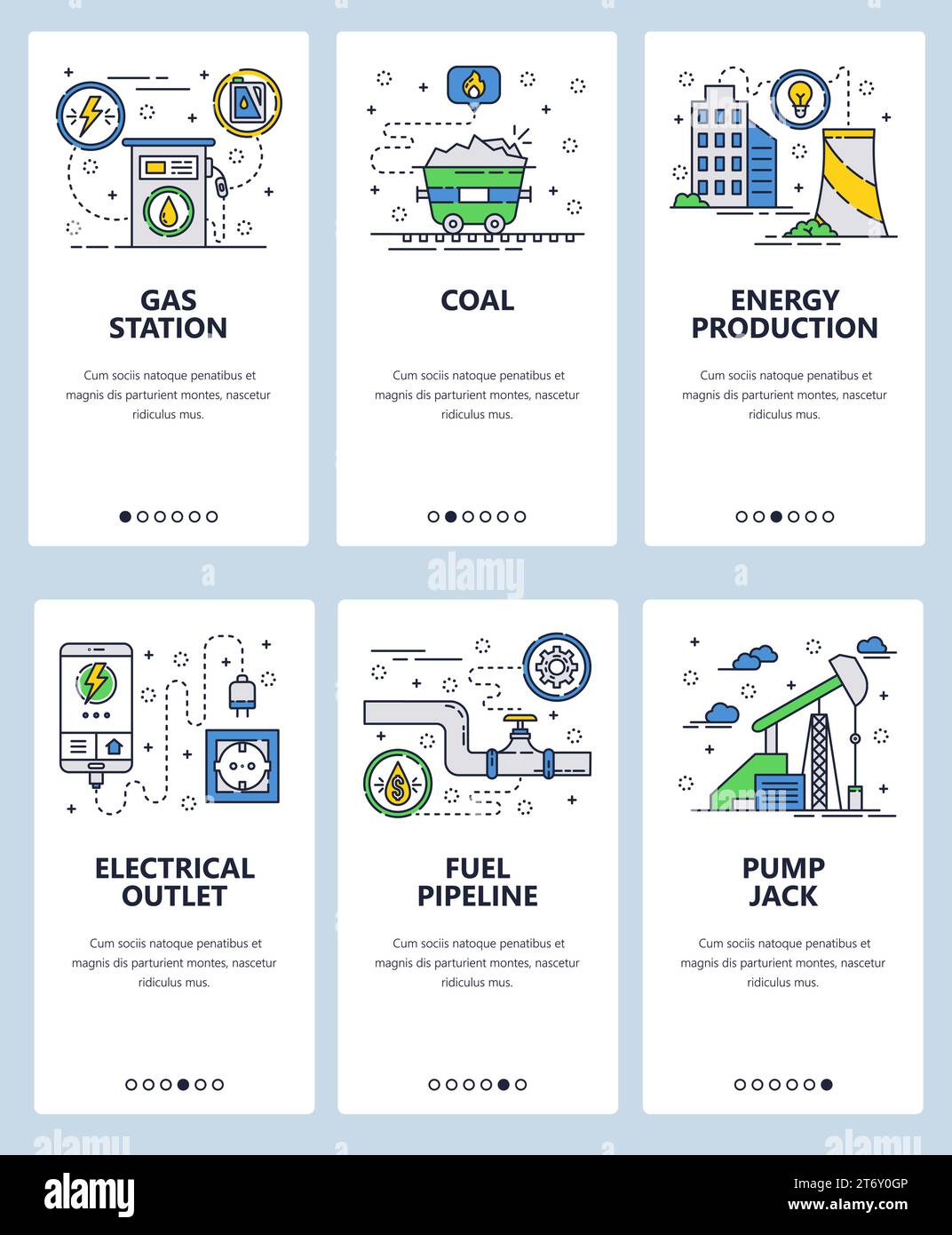 Vector set of mobile app onboarding screens. Gas station, Coal, Energy ...