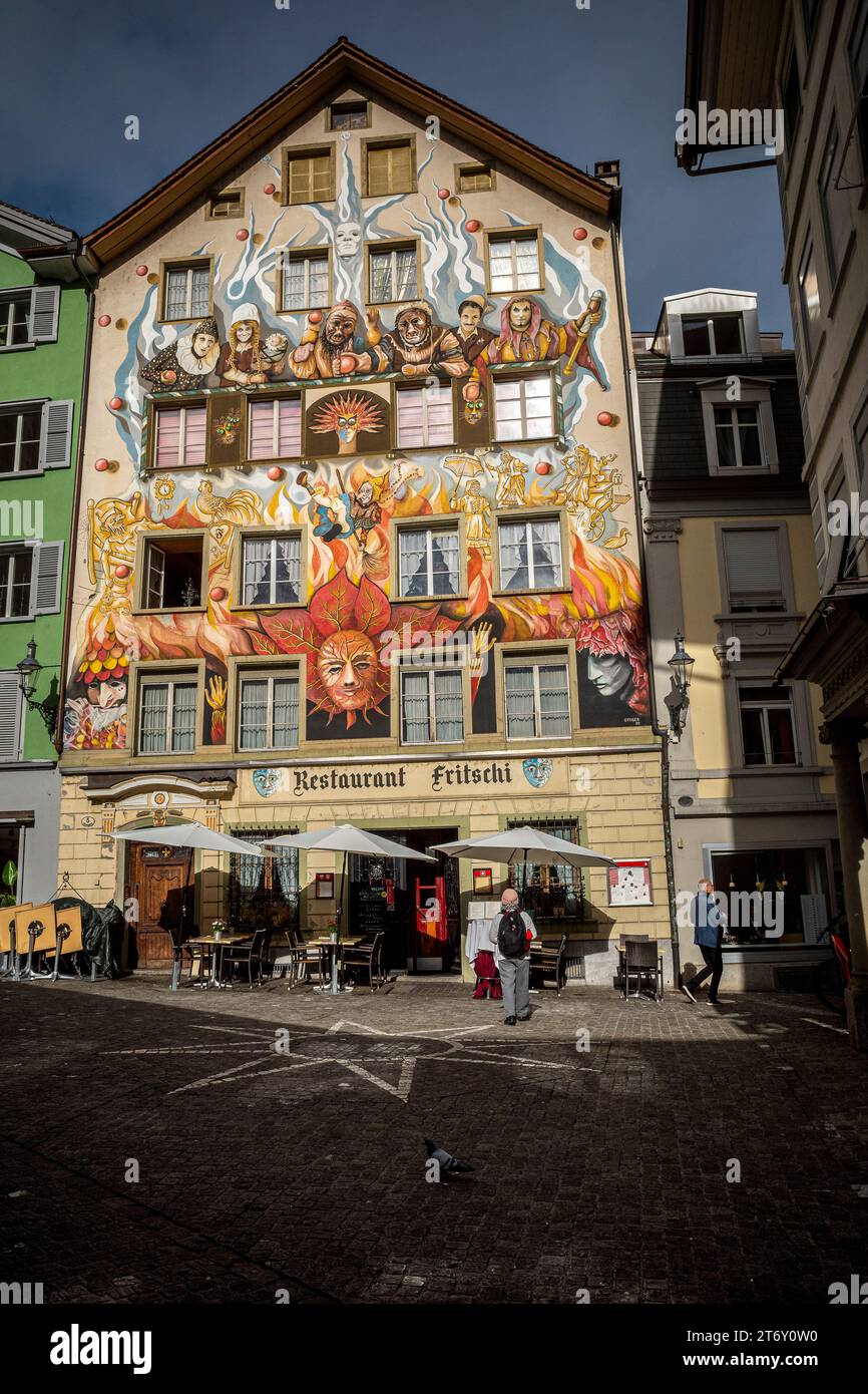 Lucerne, old historic painted houses medieval city in Switzerland Stock Photo