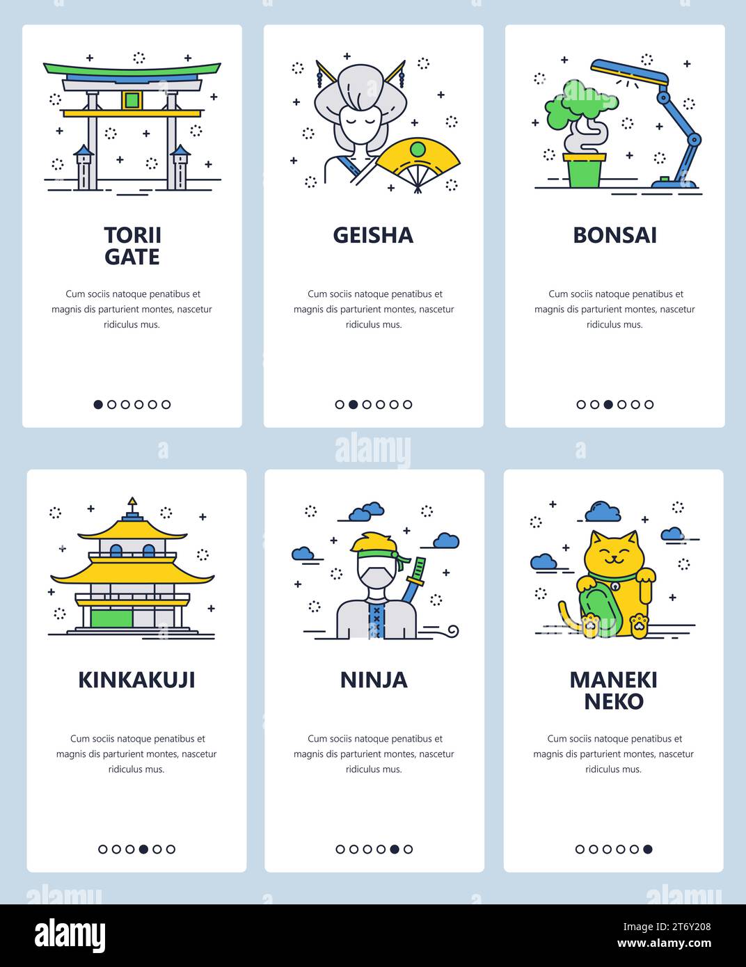 Vector set of mobile app onboarding screens. Torii gate, Geisha, Bonsai, Kinkakuji, Ninja, Maneki Neko web templates and banners. Thin line art flat i Stock Vector