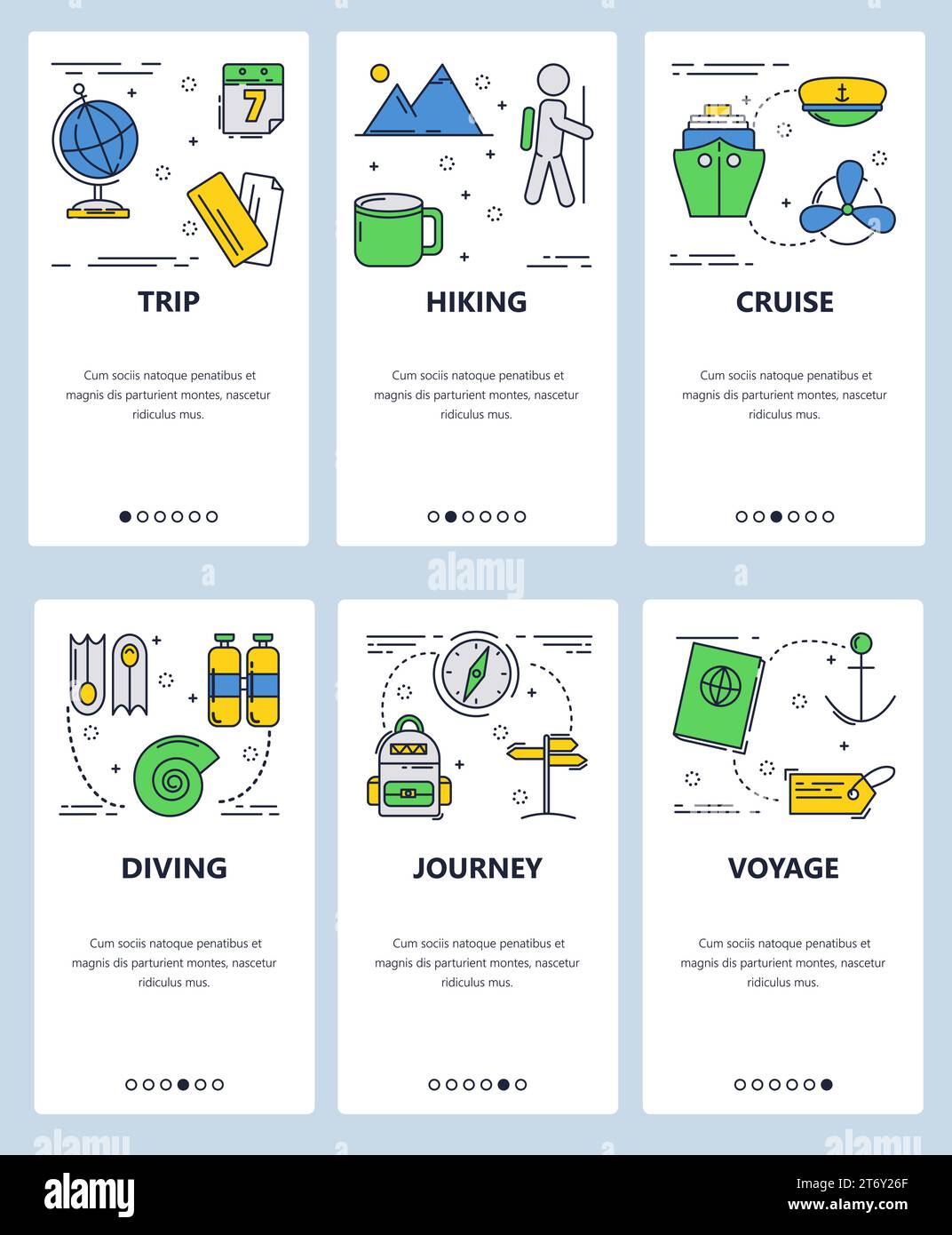 Vector set of mobile app onboarding screens. Trip, Hiking, Cruise ...