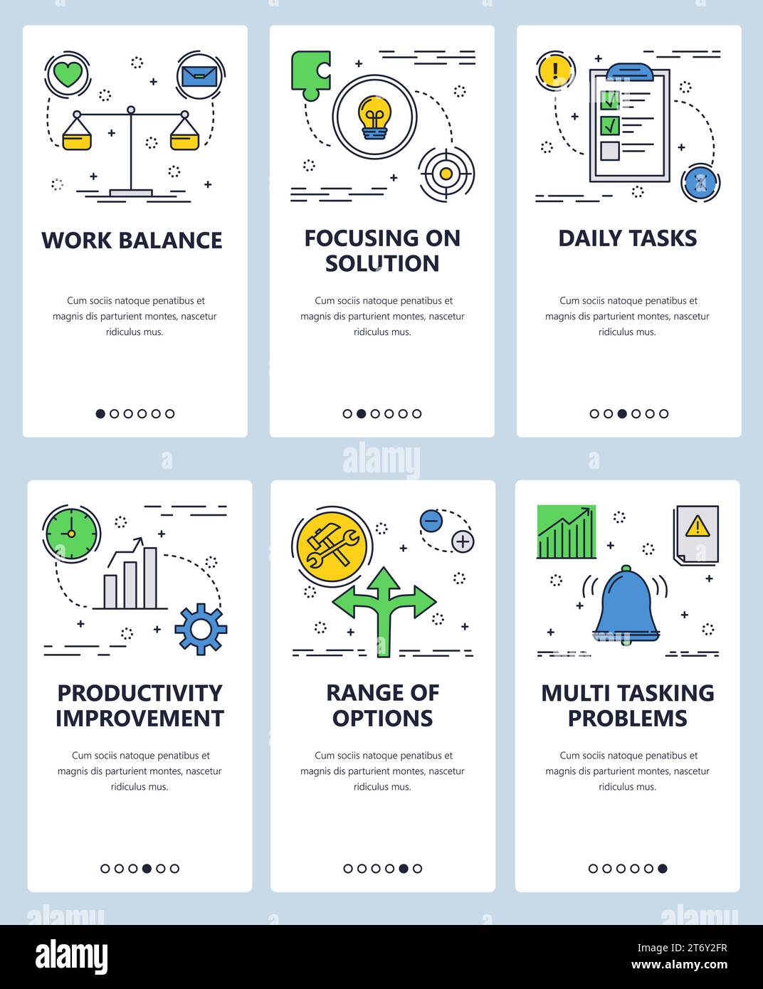 Vector set of mobile app onboarding screens. Work balance, Focusing on