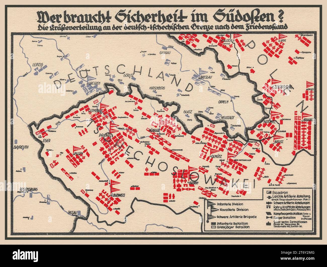 1930s Nazi Third Reich propaganda poster titled 'WHO NEEDS SECURITY IN THE SOUTHEAST, illustrating a map of Germany with borders of Czechoslovakia and Poland showing apparent significan build up of  men and military armaments. Stock Photo