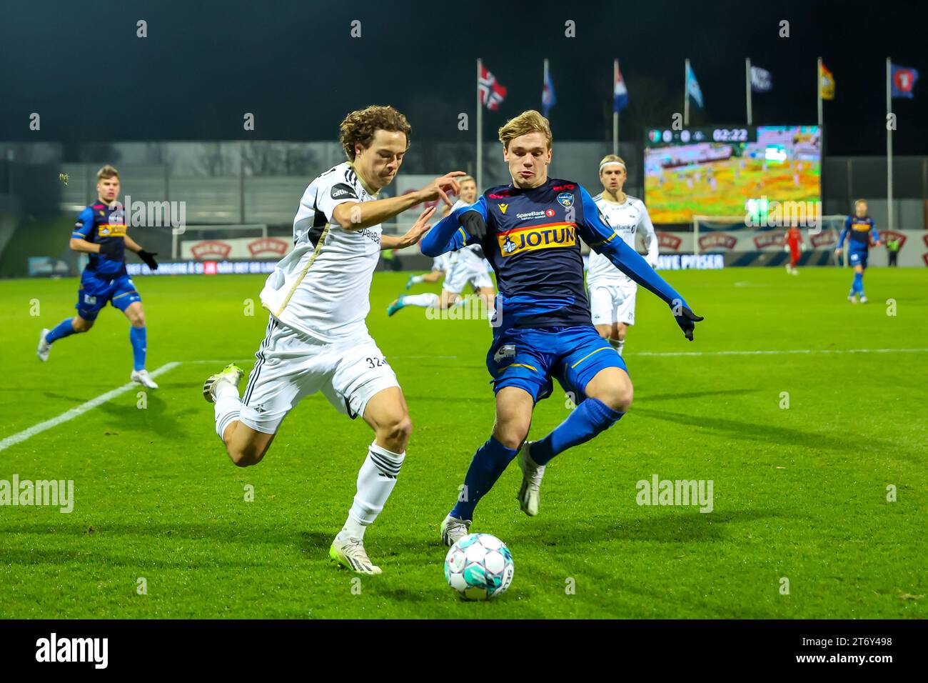 Sandefjord, Norway, 12th November 2023.  Rosenborg's Leo Cornic and Sandefjord's Jeppe Kjær Jensen duels for the ball in the Eliteserien match between Sandefjord and Rosenborg at Jotun Arena in Sandefjord.  Credit: Frode Arnesen/Alamy Live News Stock Photo