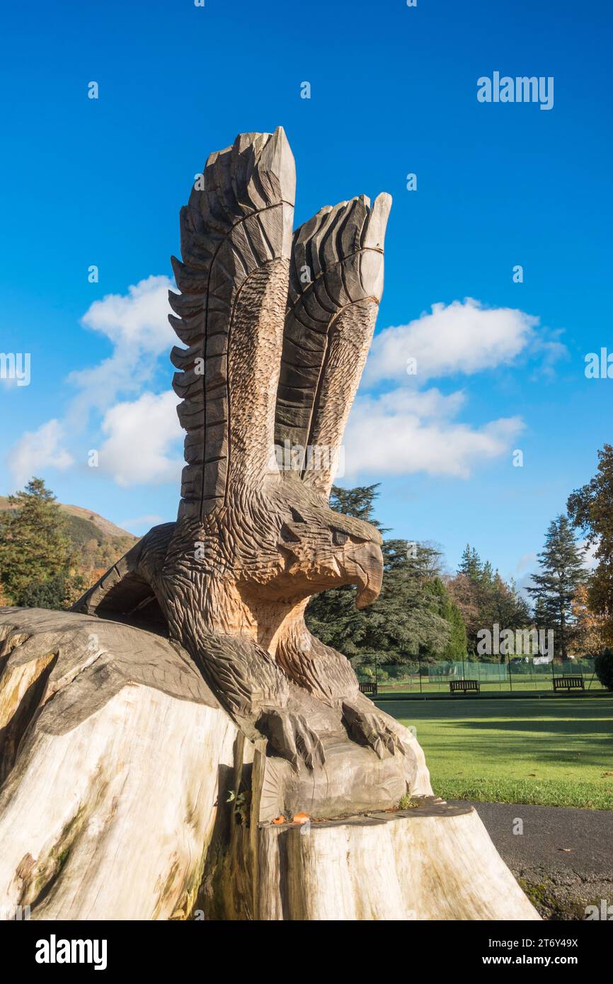 Eagle carving by artist Rolande Urwin in Fitz park, Keswick, England, UK Stock Photo