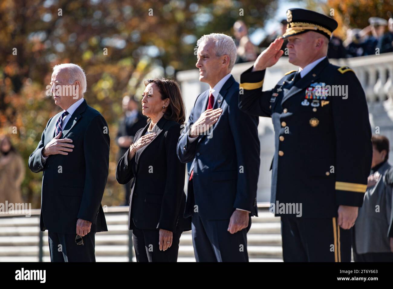 Arlington, United States. 11 November, 2023. Left to right: U.S President Joe Biden, Vice President Kamala Harris, Secretary of Veterans Affairs Denis McDonough and National Capital Region Commanding General Maj. Gen. Trevor Bredenkamp, render honors at the Tomb of the Unknown Soldier during the 70th National Veterans Day Observance at Arlington National Cemetery, November 11, 2023 in Arlington, Virginia.  Credit: Elizabeth Fraser/US Army Photo/Alamy Live News Stock Photo