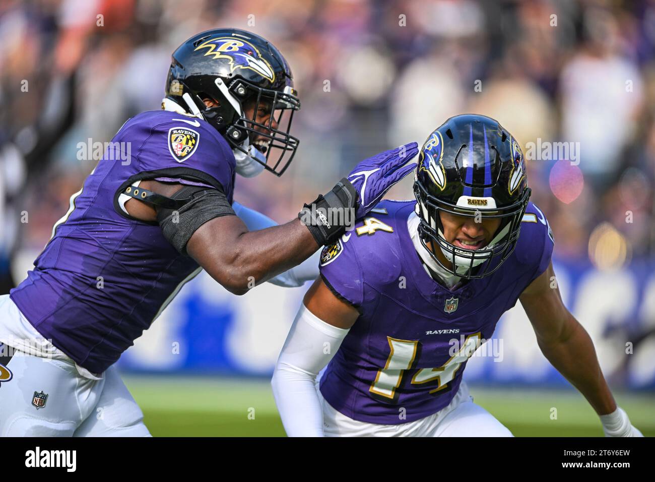 Baltimore, United States. 12th Nov, 2023. Baltimore Ravens safety Kyle Hamilton (14) is congratulated by linebacker Roquan Smith (0) after a touchdown interception against the Cleveland Browns during the first half at M&T Bank Stadium in Baltimore, Maryland, on Sunday, November 12, 2023. Photo by David Tulis/UPI Credit: UPI/Alamy Live News Stock Photo