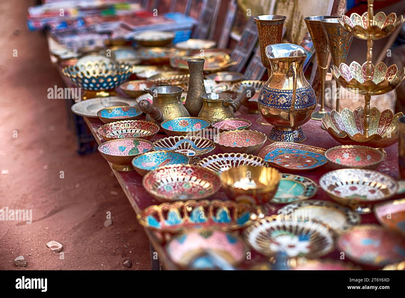 Close-up of souvenirs at an open-air store located along the Siq Canyon in Petra, Jordan. Stock Photo