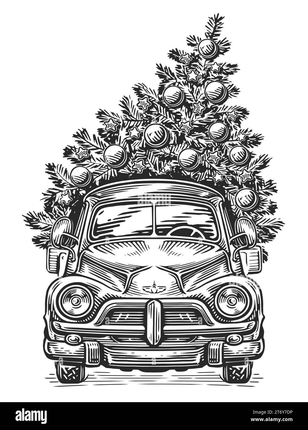 Hand drawn farm truck and Christmas tree with decorations. Retro sketch illustration Stock Photo