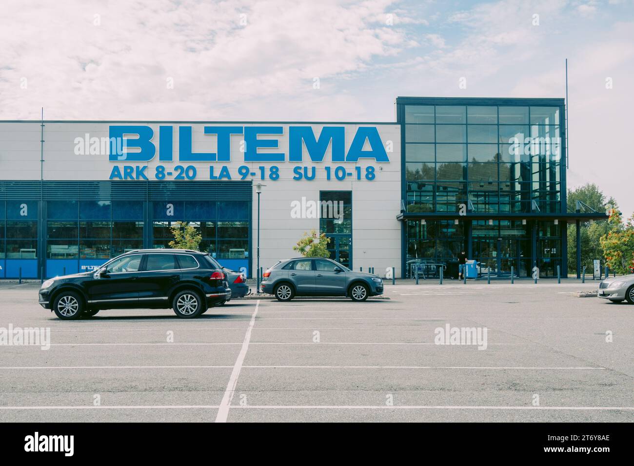 Helsinki, Finland August 22, 2022 BILTEMA store. Blue sign above