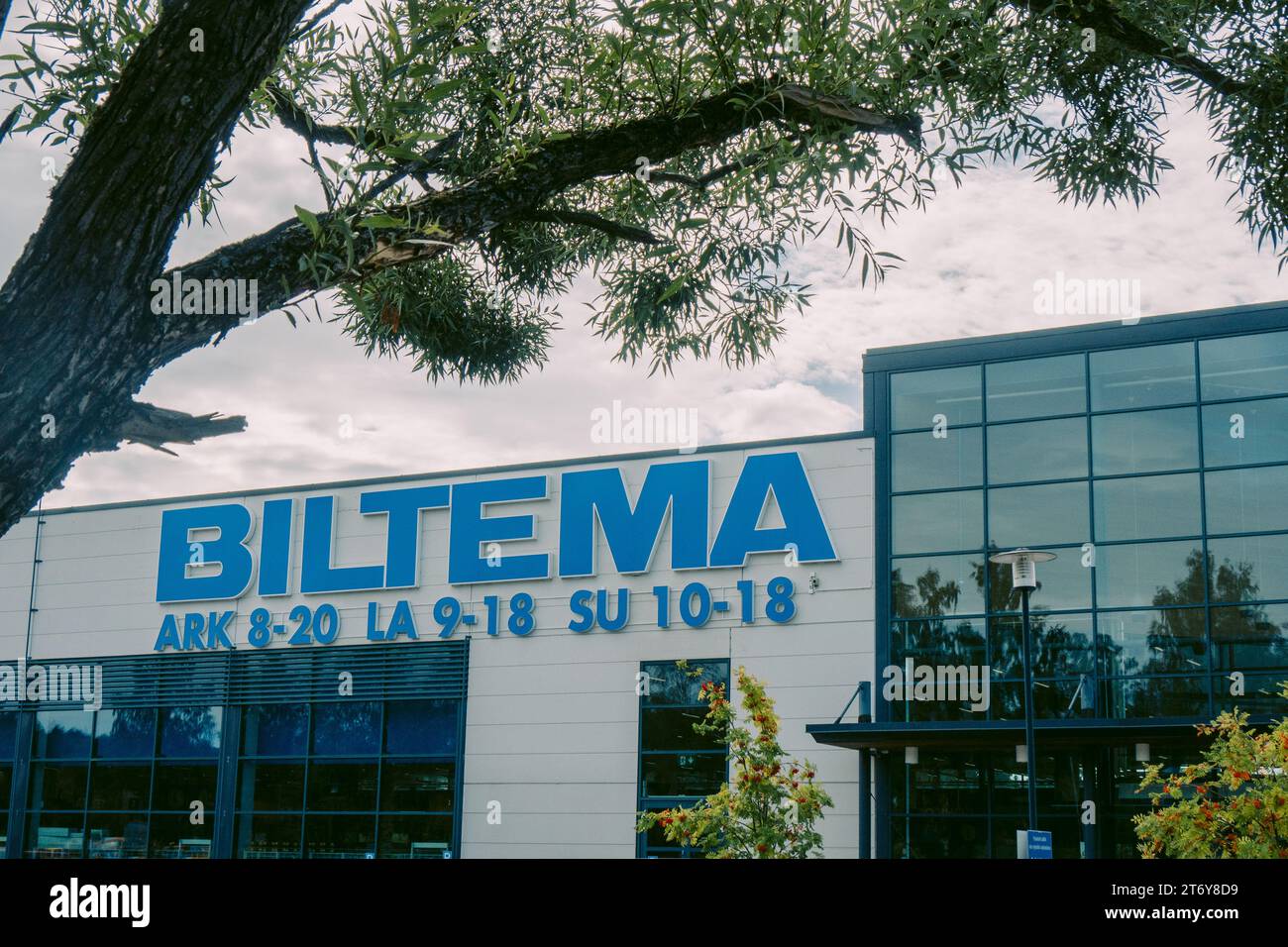 Helsinki, Finland August 22, 2022 BILTEMA store. Blue sign above