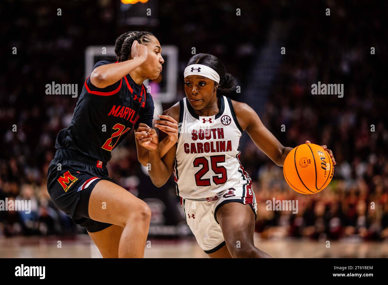 November 12, 2023: Maryland Terrapins forward Emma Chardon (21) defends the drive from South Carolina Gamecocks guard Raven Johnson (25) during the third quarter of the SEC Womens Basketball matchup at Colonial Life Arena in Columbia, SC. (Scott Kinser/CSM) Stock Photo