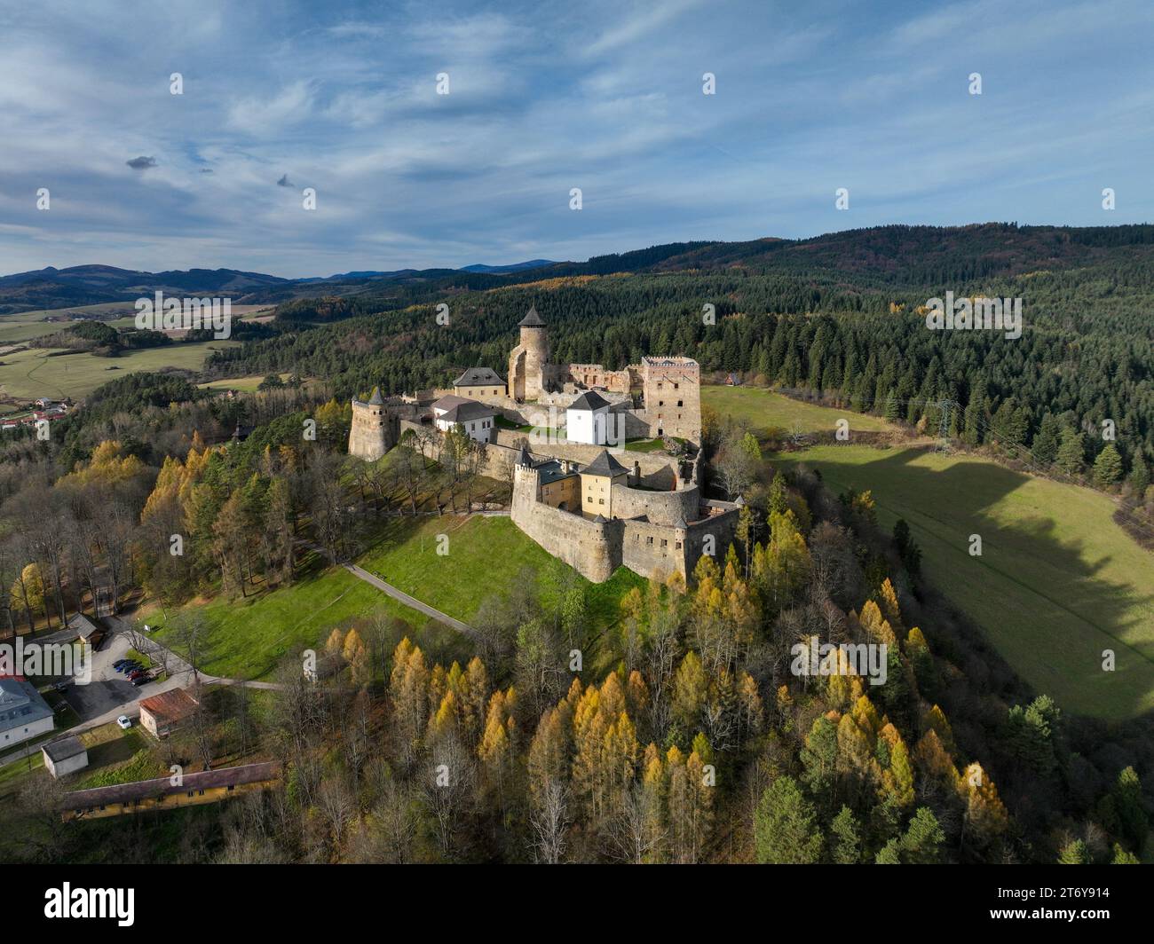 Aerial view of Stara Lubovna castle, Slovakia. Stock Photo