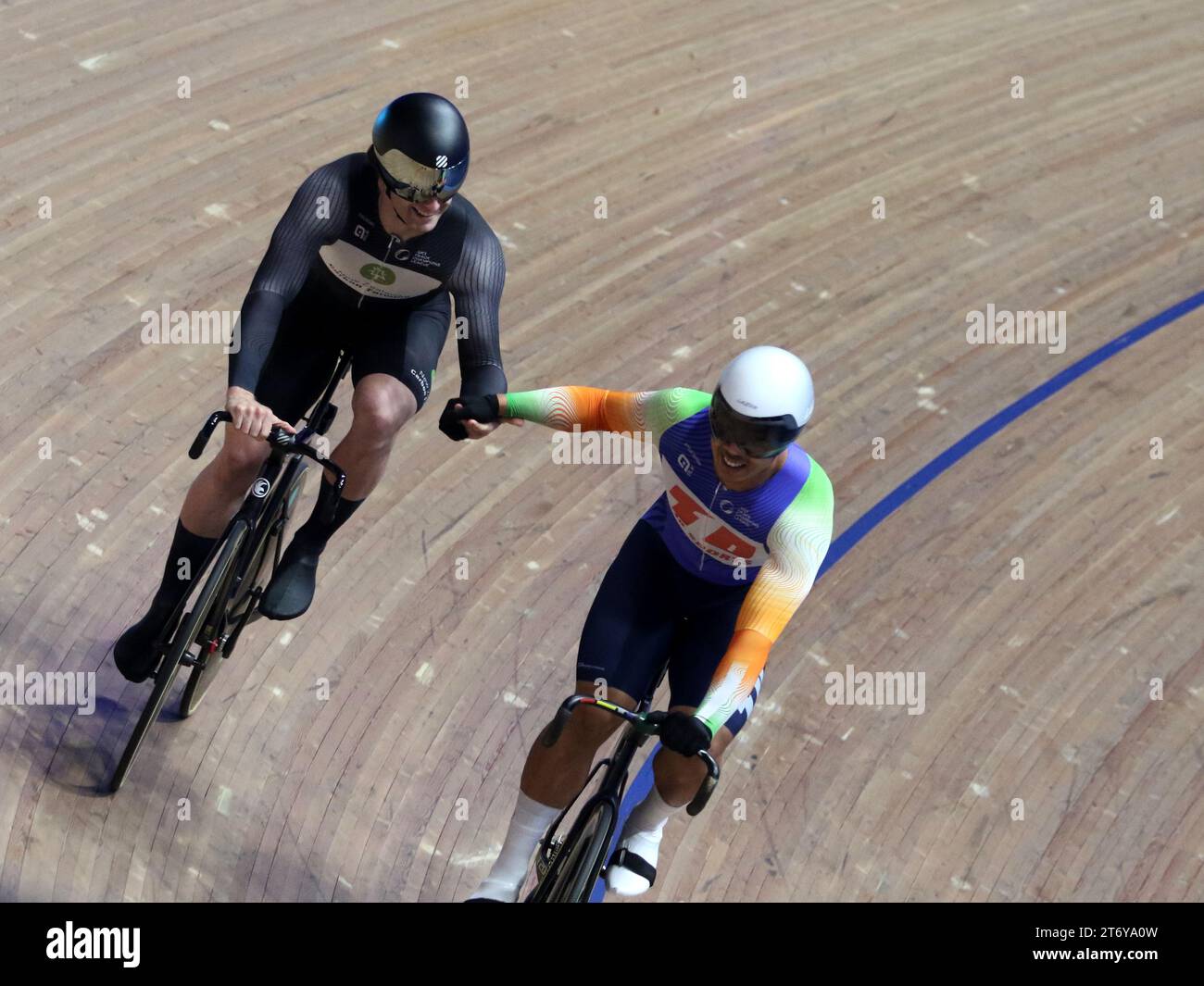 Track Cycling Champions League, Lee Valley Velodrome London UK. Ronaldo Singh LAITONJAM (IND), Callum SAUNDERS (NZL) Men's Sprint First Round Heat 3, Stock Photo