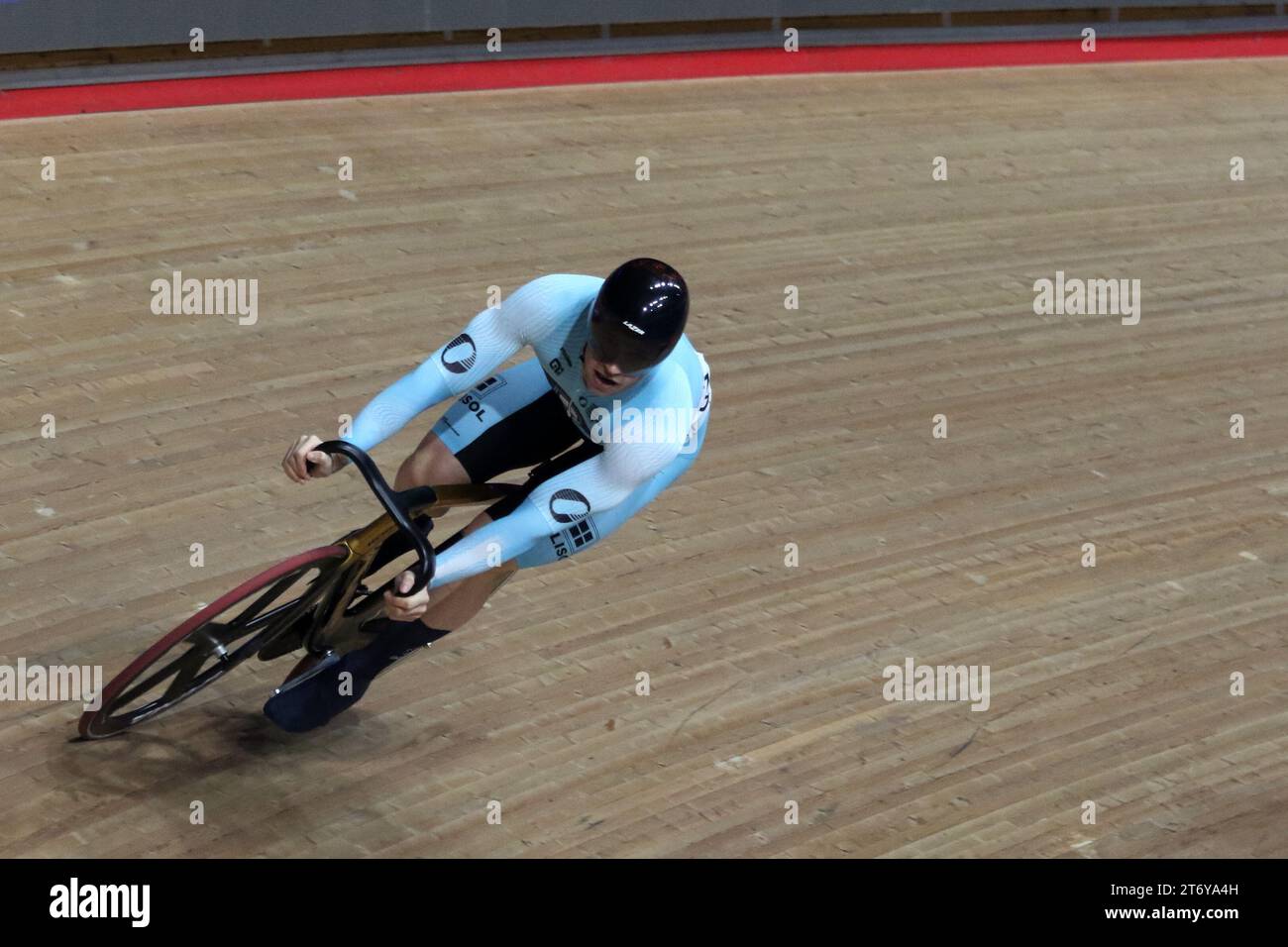 Track Cycling Champions League, Lee Valley Velodrome London UK. Harrie LAVREYSEN (NED) winning the Men's Sprint First Round Heat 6, 11th December 2023 Stock Photo