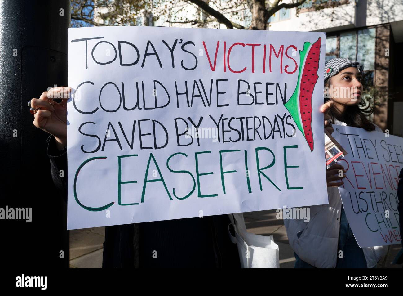 On 11th November 2023 hundreds of thousands of people marched in support of Palestine, demanding a ceasefire and the end to the bombing of Gaza. Stock Photo