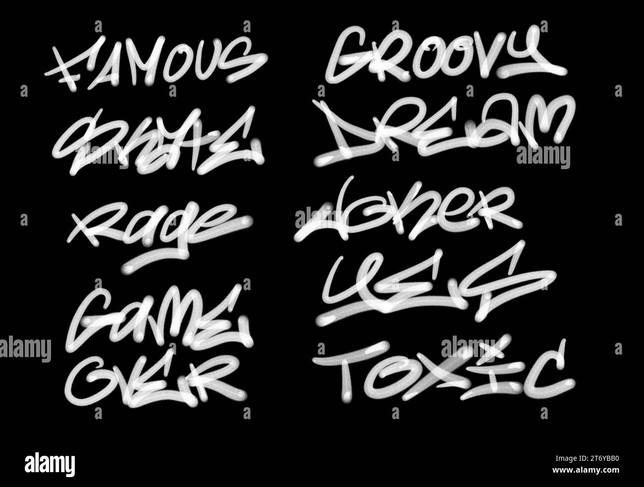 Collection of graffiti street art tags with words and symbols in white color on black background Stock Photo