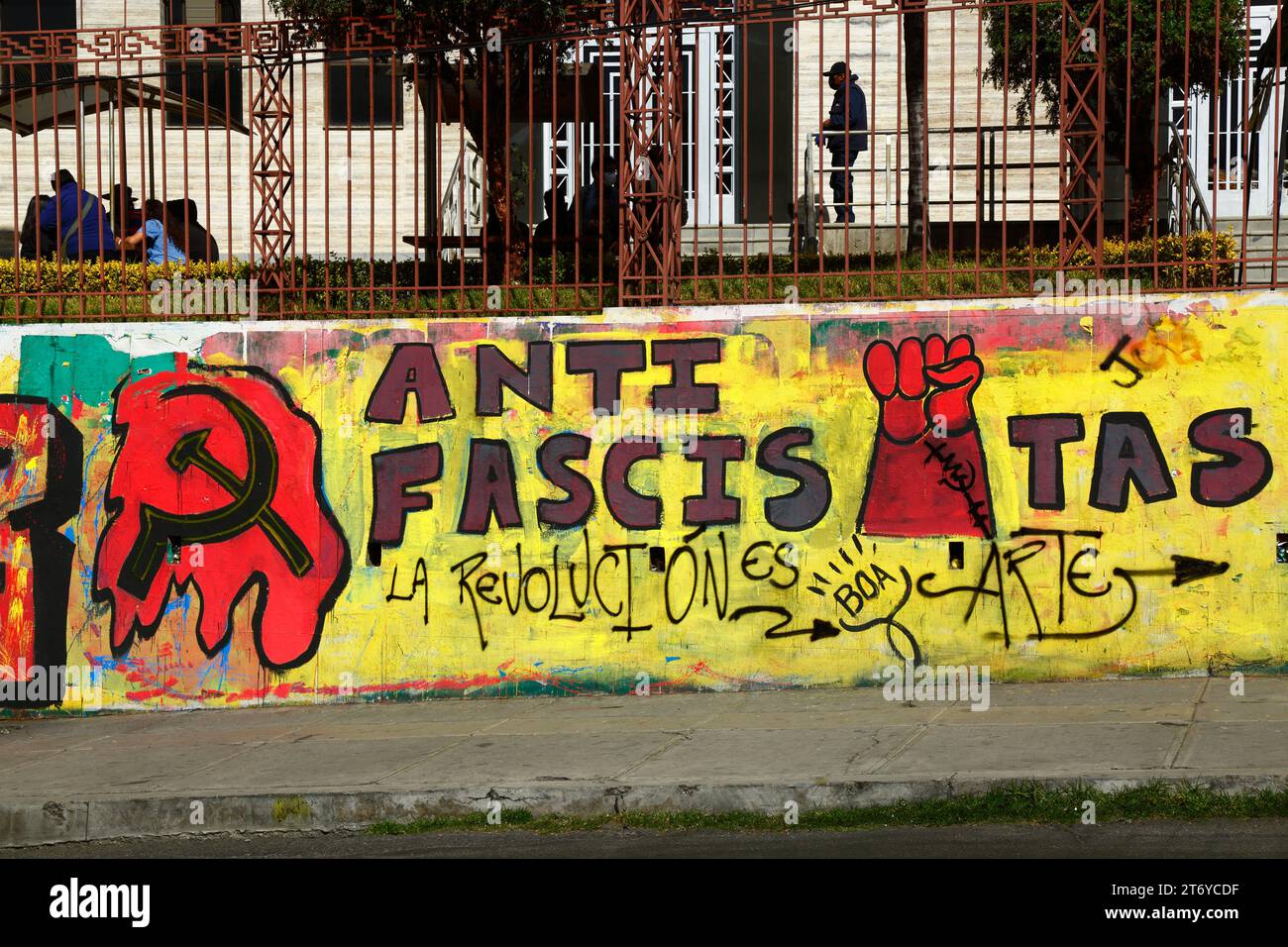 An anti fascists mural by the Bolivian Communist Party near the main UMSA university in central La Paz, Bolivia Stock Photo