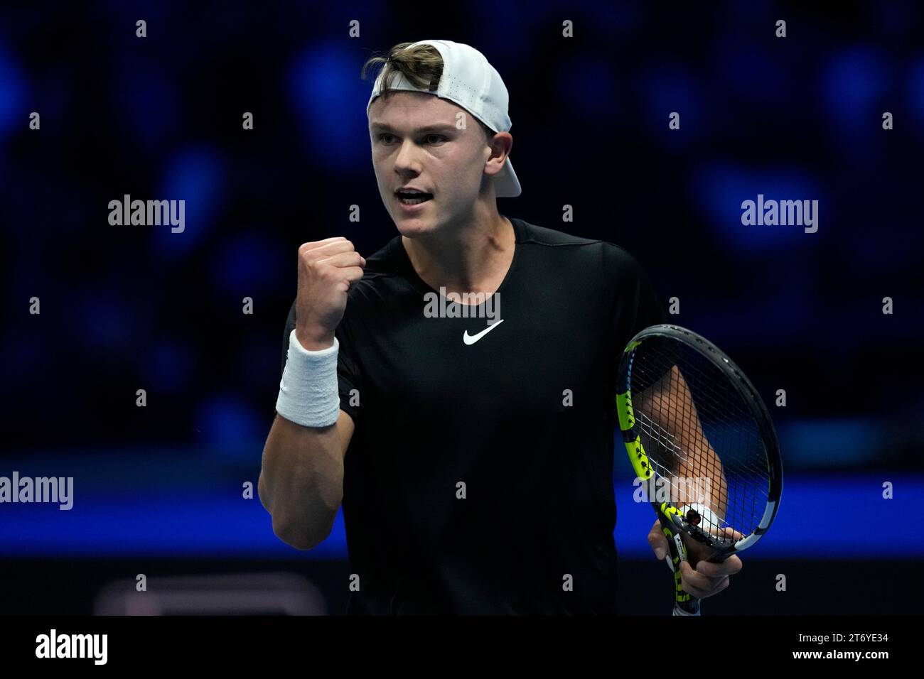 Denmark's Holger Rune reacts during the singles tennis match against ...