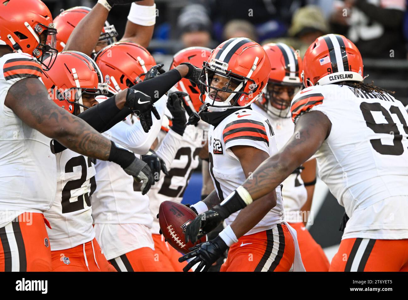 Baltimore, United States. 12th Nov, 2023. Cleveland Browns cornerback Greg Newsome II (0) celebrates an interception for a touchdown against the Baltimore Ravens during the second half at M&T Bank Stadium in Baltimore, Maryland, on Sunday, November 12, 2023. Cleveland won 33-31. Photo by David Tulis/UPI Credit: UPI/Alamy Live News Stock Photo