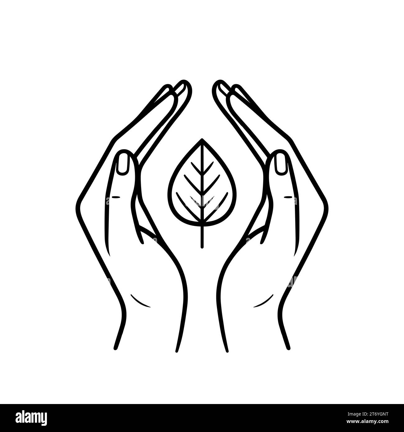 Hands hug the leaf. Black linear icon isolated. Ecological emblem