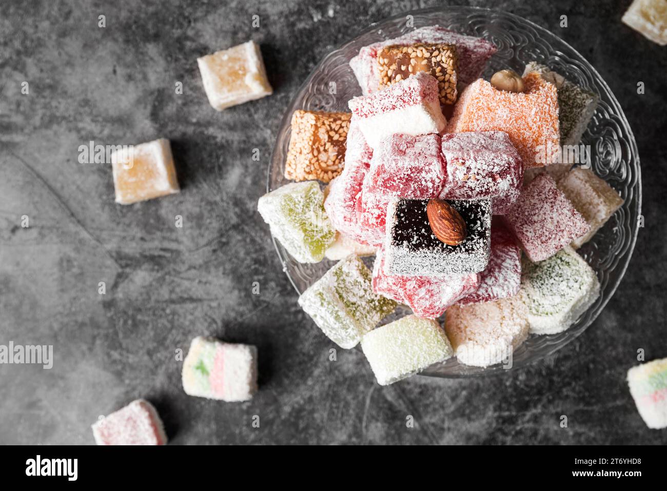 Top view assorted sortiments turkish delight Stock Photo