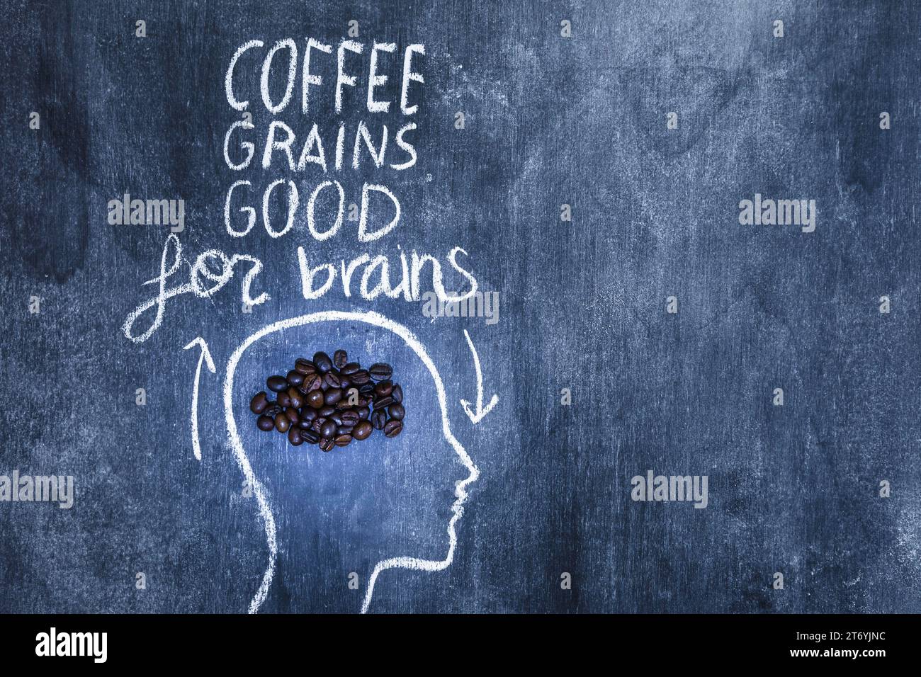 Coffee grains good brain text outline head with chalk blackboard Stock Photo
