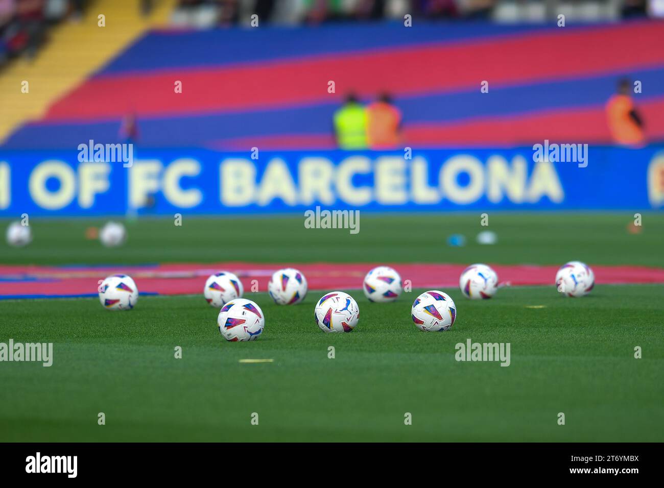 FC BARCELONA vs DEPORTIVO ALAVES  November 12,2023  Official balls before the match between FC Barcelona and Deportivo Alaves corresponding to the thirteenth day of La Liga EA Sports at Olimpic Stadium Lluis Companys of Montjuïc in Barcelona, Spain. Stock Photo