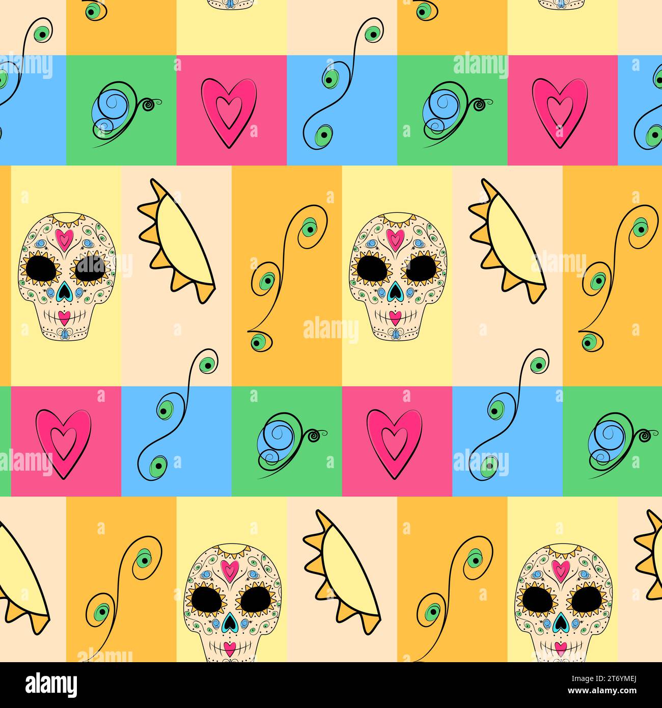 Seamless colorful pattern of abstract patterned scull, sun, butterfly and twig. Happy Cinco de Mayo. Vector for wrapping, wallpaper or web, poster, banner, brochure, billboard and other different uses Stock Vector