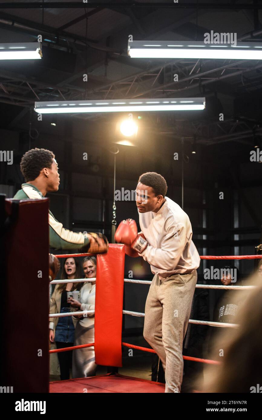 Rumble in the Jungle is an immersive theatre recreation of Muhammad Ali and George Foreman’s 1974 clash in Zaire. Rematch has transformed Dock X. Stock Photo