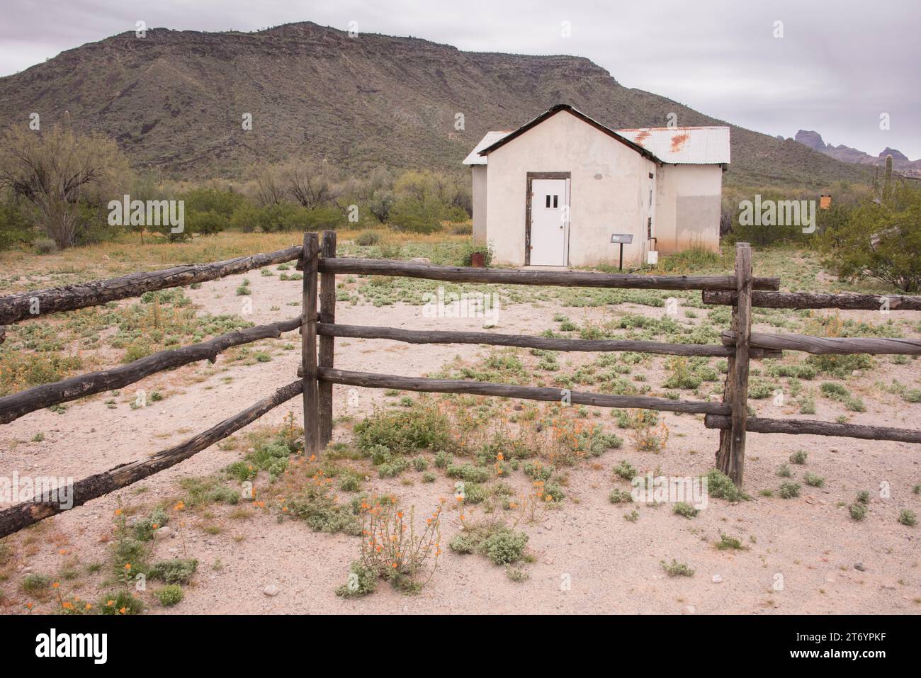 Historic Bates Ranch buildings and fence in Sonoran Desert, Organ Pipe Cactus National Monument, Ajo, Arizona, USA Stock Photo