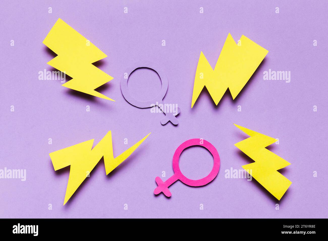 Feminine masculine gender signs surrounded by thunders Stock Photo
