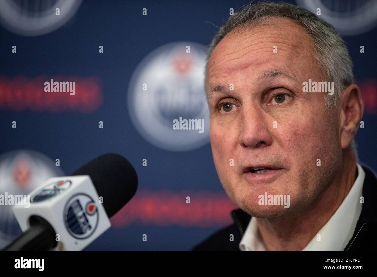 Edmonton Oilers new assistant coach Paul Coffey speaks during an NHL