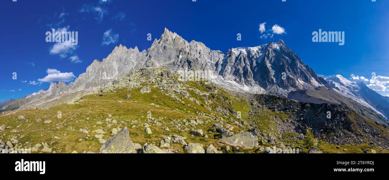 Aiguilles de Chamonix mountain panorama landscape with beautiful stunning summits of the french Alps, Aiguille du Midi from Plan de l'Aiguille, France Stock Photo