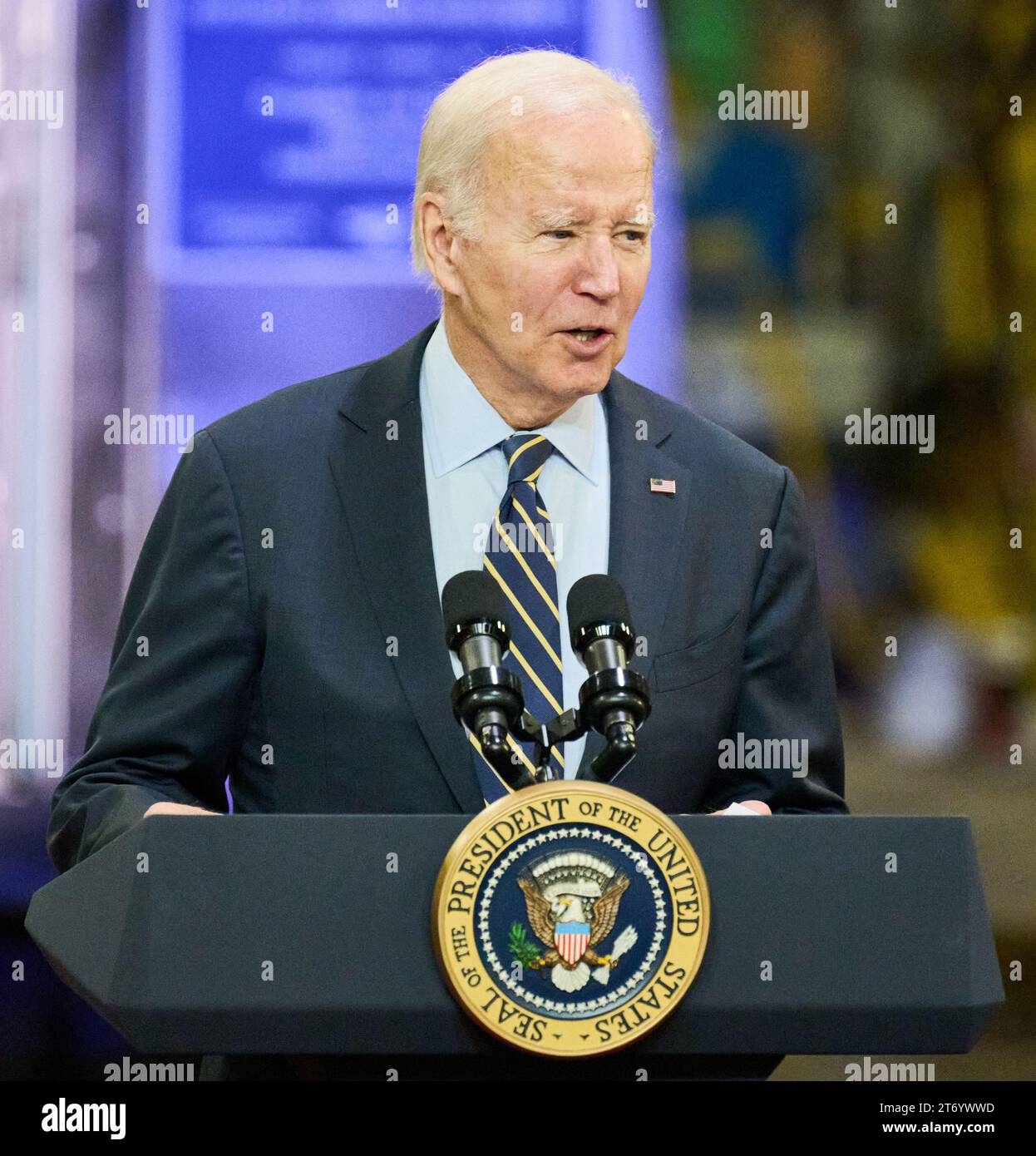 BEAR, DE, USA - NOVEMBER 06, 2023: President Joe Biden delivers remarks at the Amtrak Maintenance Facility in Bear, DE, United States. Stock Photo