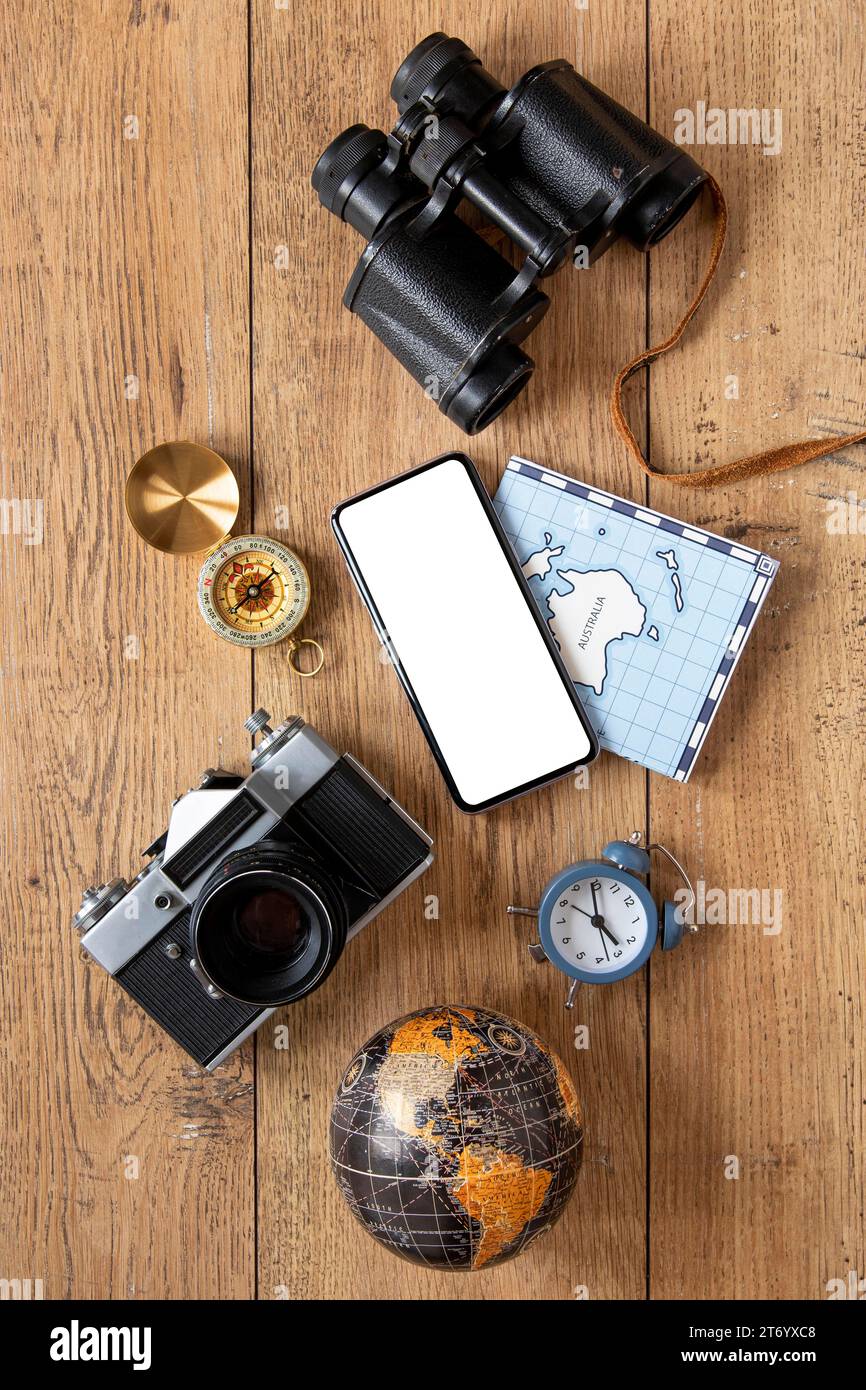 Tourism items assortment flat lay Stock Photo